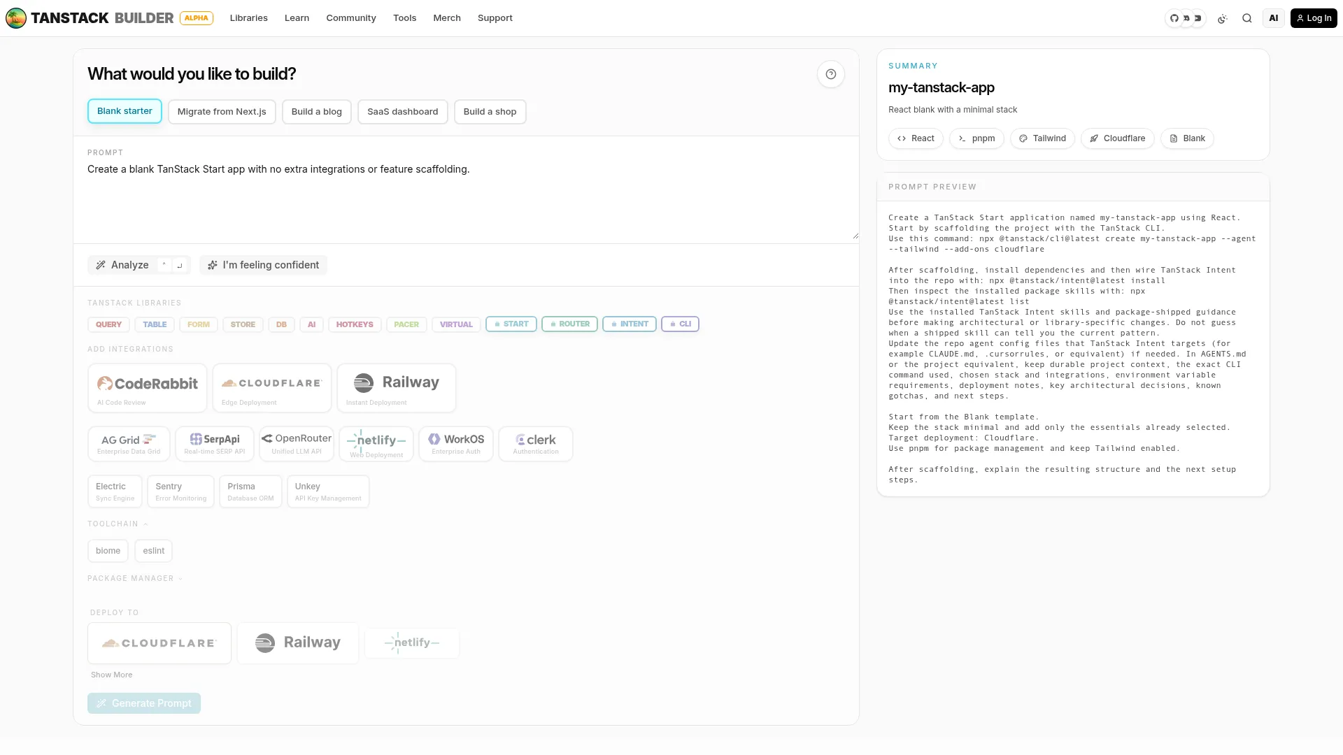TanStack Builder 实际 UI：左边 prompt 输入 + 库/集成选择，右边自动生成 agent prompt